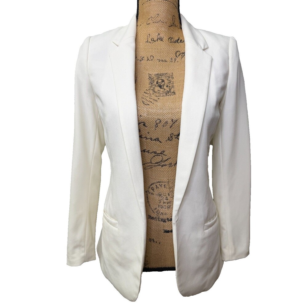 H&M Ivory White Longline Fitted Blazer Jacket Size 4 Stretch Lined Classic